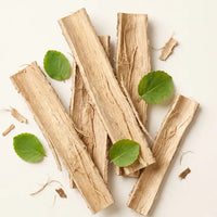 Wooden sticks with green leaves on a white background. Fluxa Lipid Flow.
