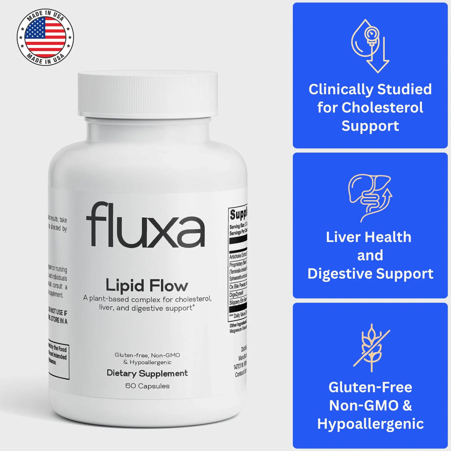 Supplement bottle labeled 'fluxa' with blue certification labels on a white background. Fluxa Lipid Flow.