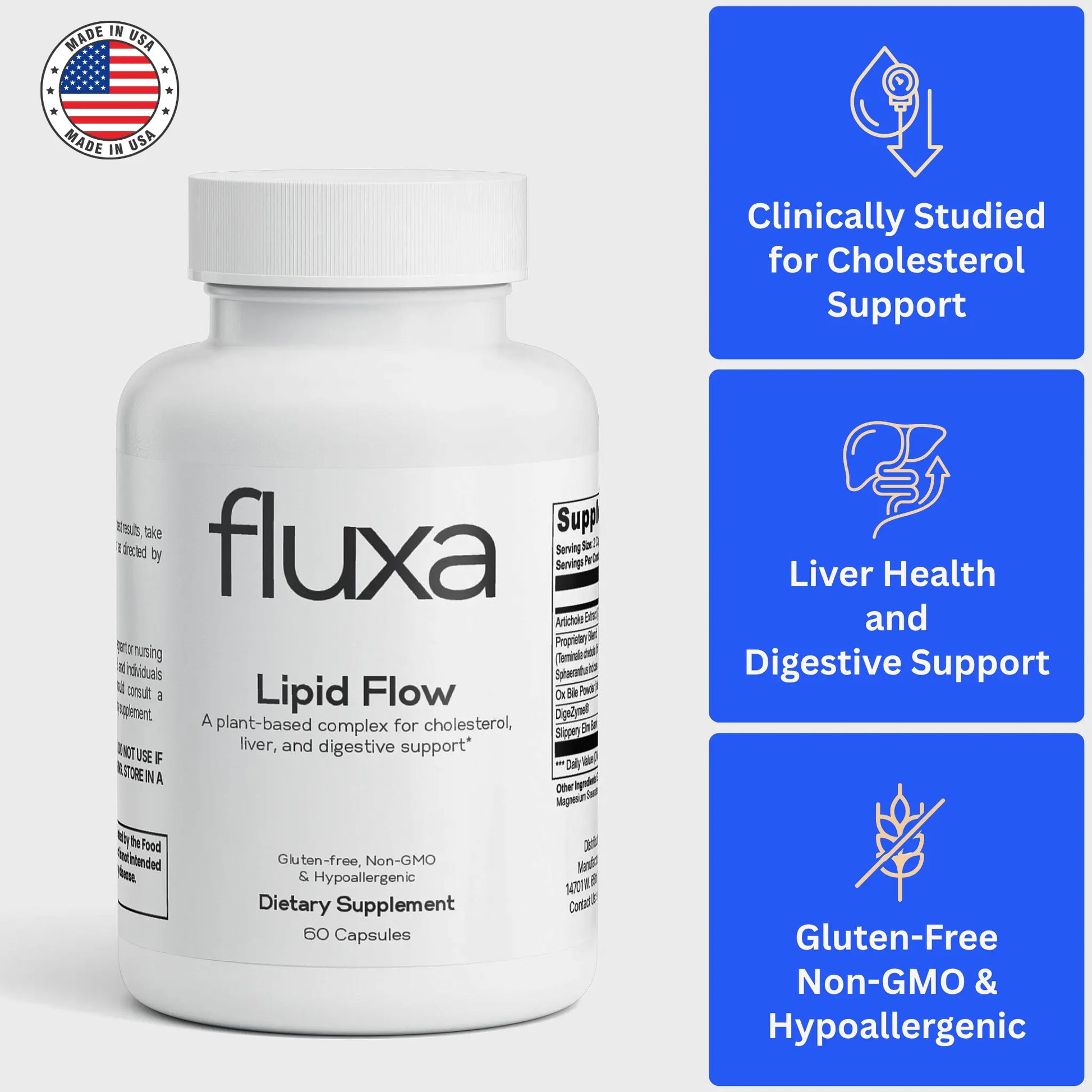 Supplement bottle labeled 'fluxa' with blue certification labels on a white background. Fluxa Lipid Flow.