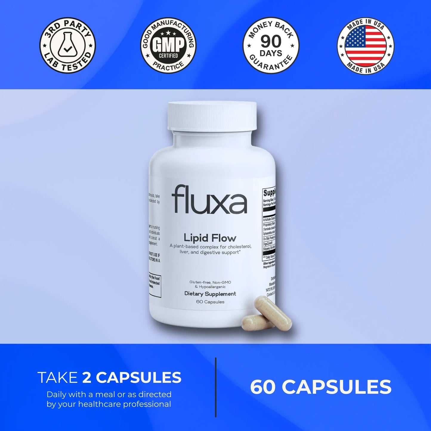 Fluxa Lipid Flow dietary supplement bottle with capsules on a blue background. Fluxa Lipid Flow.