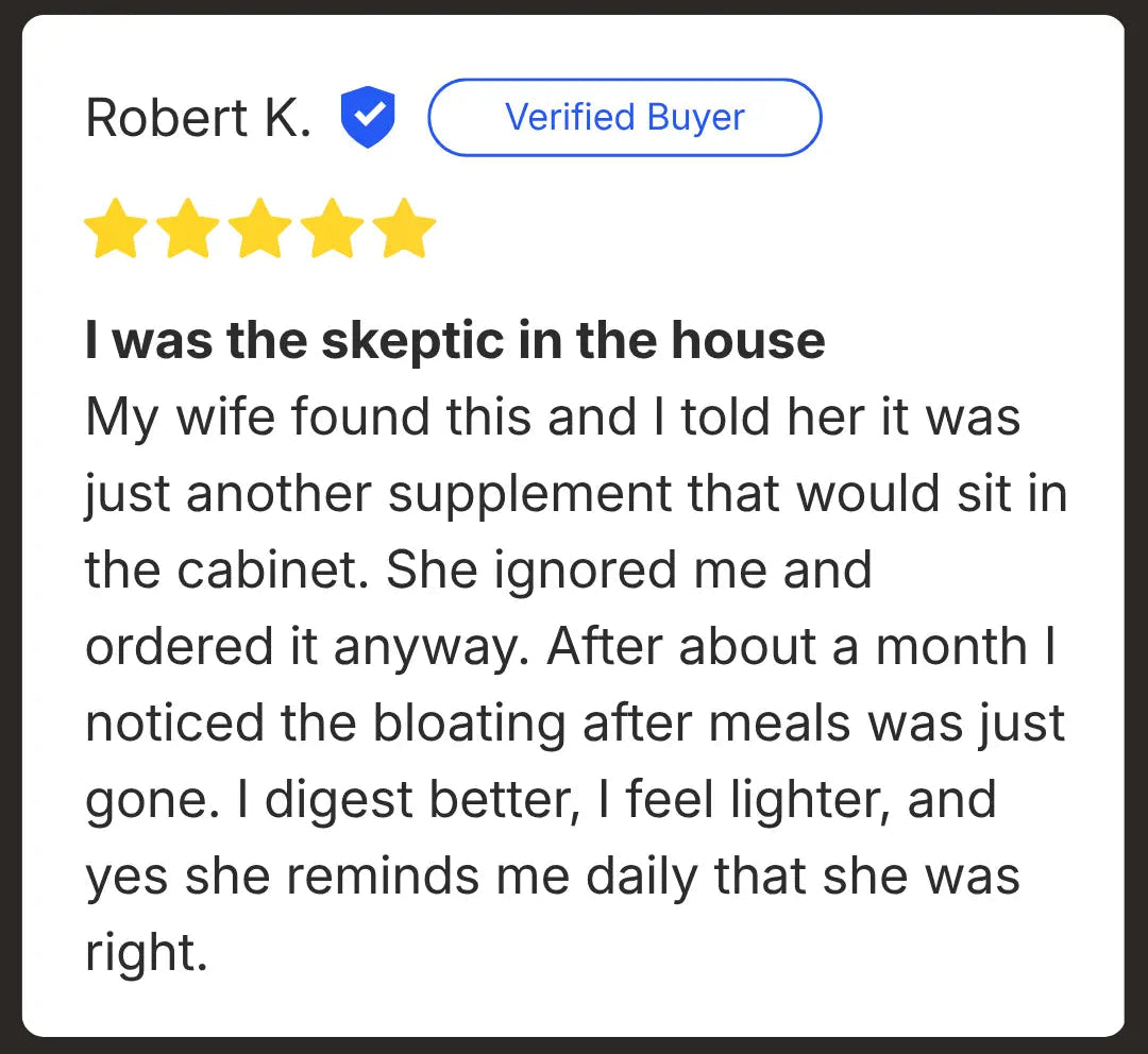 Five-star review from a verified buyer named Robert K. about a supplement.  Fluxa Lipid Flow.