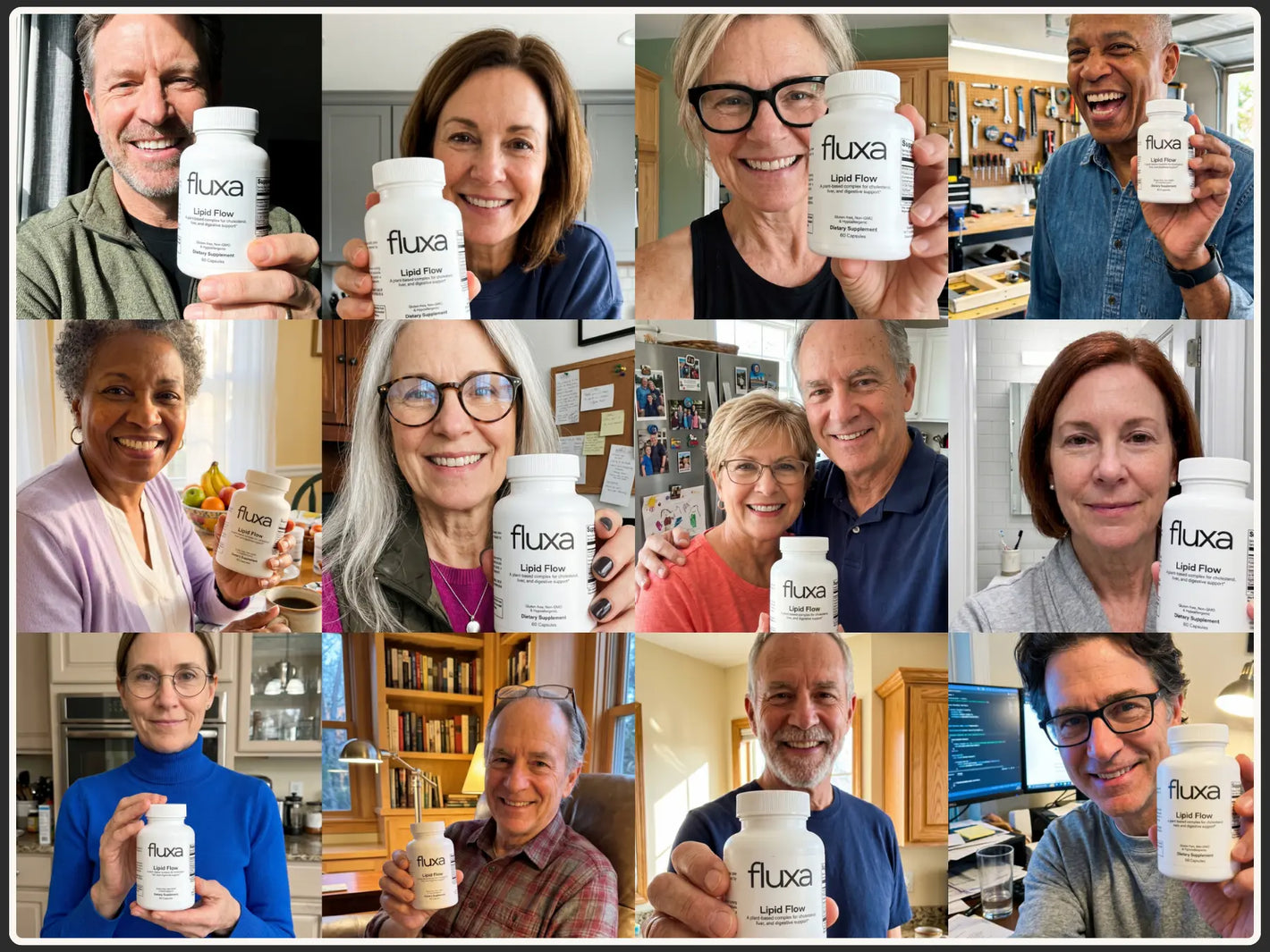 Collage of people holding Fluxa bottles in various settings.  Fluxa Lipid Flow.
