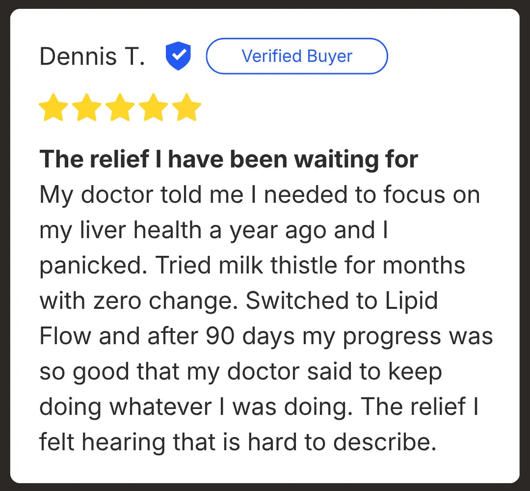 Verified buyer's review of lipid flow, with text detailing their experience and satisfaction.