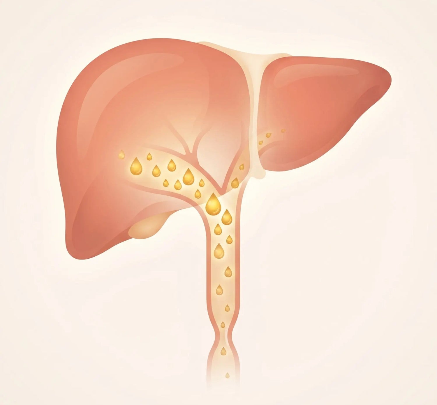 Illustration of a liver with bile ducts on a beige background. Fluxa. Fluxa supplements. Fluxa Lipid Flow